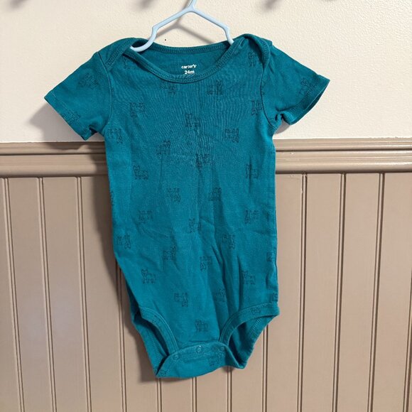 Carter's Short Sleeve Onesie | 24M | Blue/Green with French Bulldog Print - Picture 1 of 2